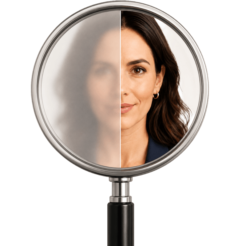 A woman behind a magnifying glass which is split down the middle showing a before which is blurry and an after which is clear