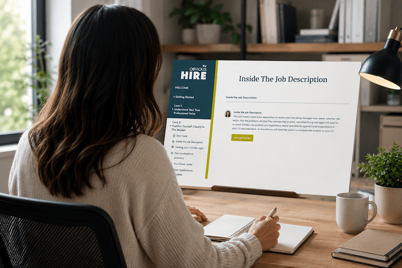 Woman working at a computer with Obvious Hire tool
