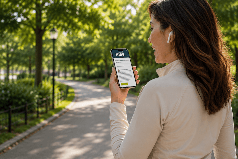 Woman using the Obvious Hire tool on her phone