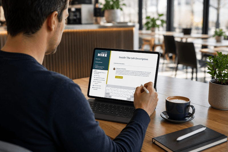 Man in a coffee shop working at a laptop with Obvious Hire tool